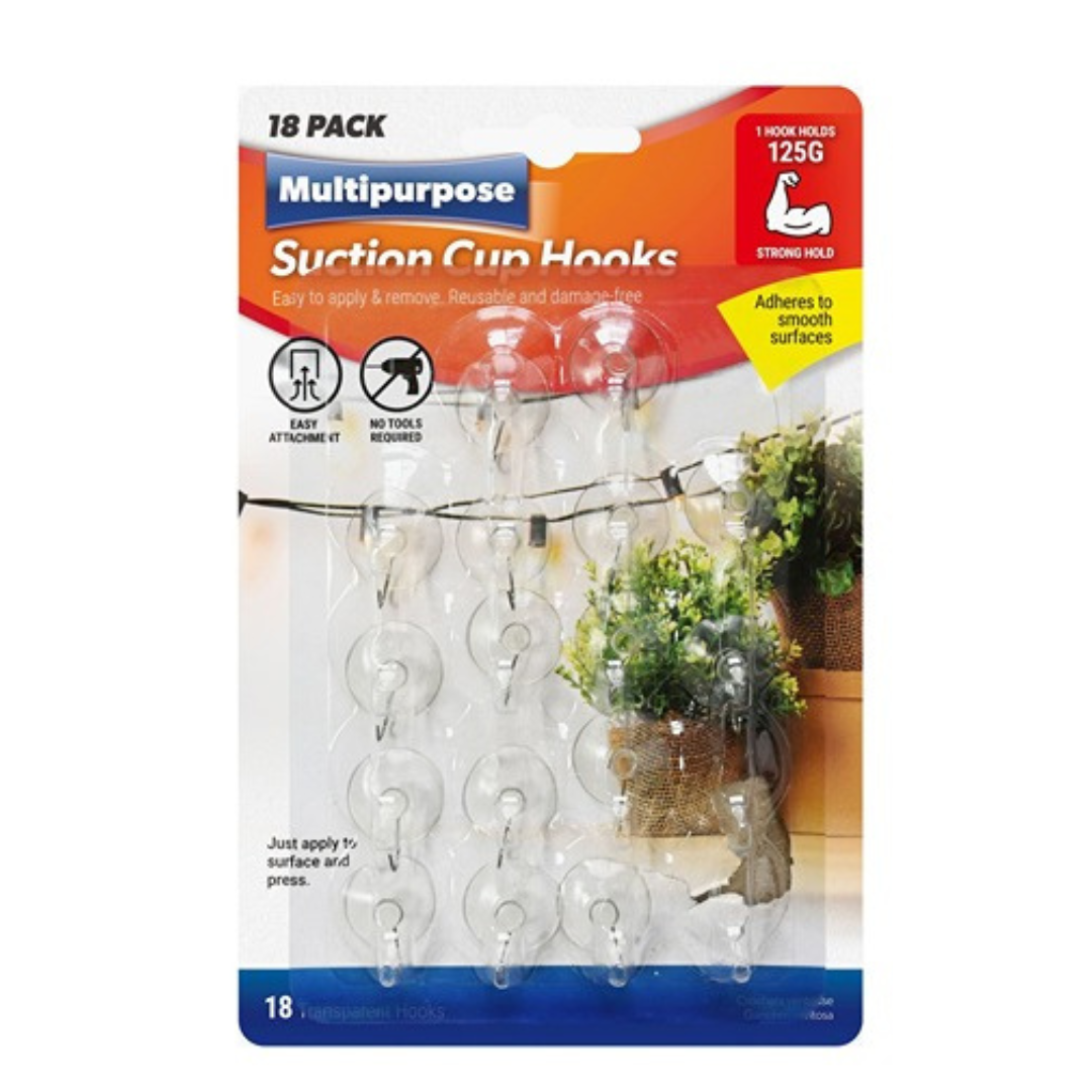 Multipurpose Suction Cup Hooks, Easy to Apply and Remove, Re Useable for Smooth Surfaces- Clear And Strong- Available in Two Sizes 12pk-3.5cm and 18pk- 2.5cm. Multipurpose Suction Cup Hooks, Easy to Apply and Remove, Re Useable for Smooth Surfaces- Clear And Strong- Available in Two Sizes 12pk-3.5cm and 18pk- 2.5cm.
